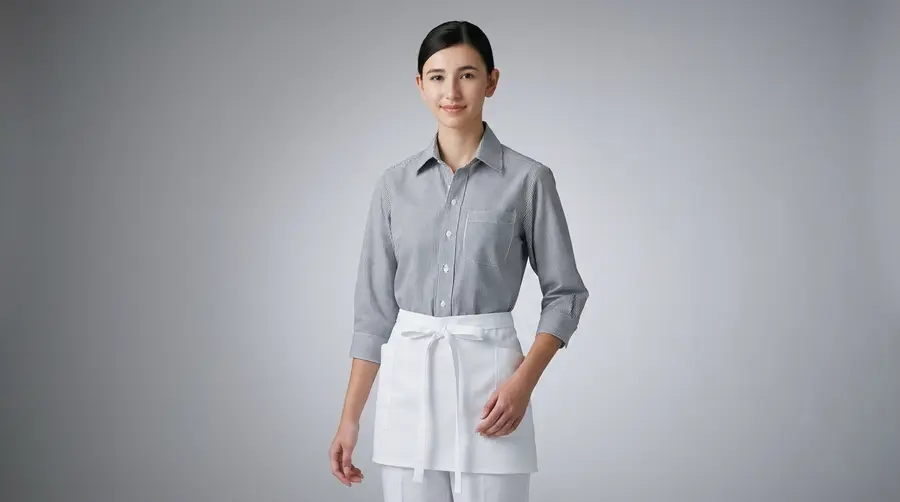 Grey Pinstripe Shirt with Short White Apron