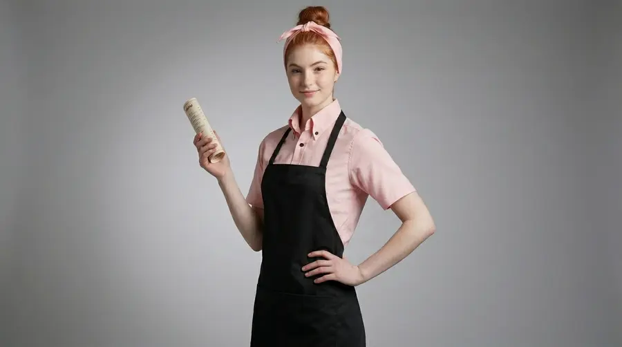 Pastel Pink Cafe Uniform with Black Bib Apron