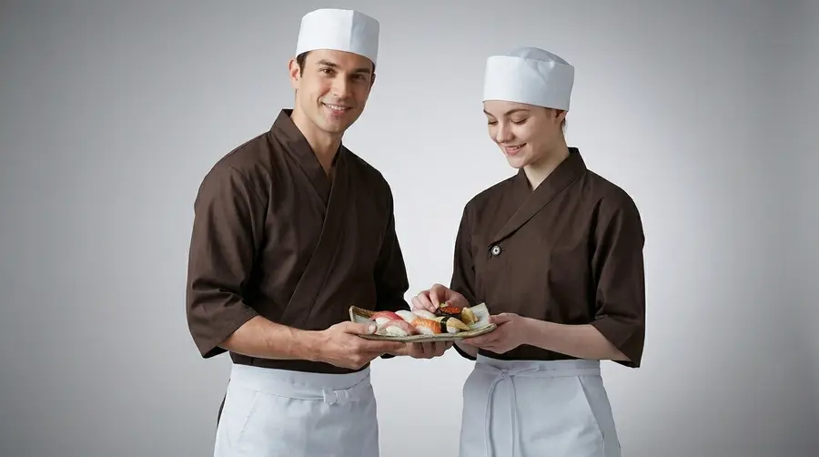 Earth-Tone Brown Japanese Chef Set with White Apron