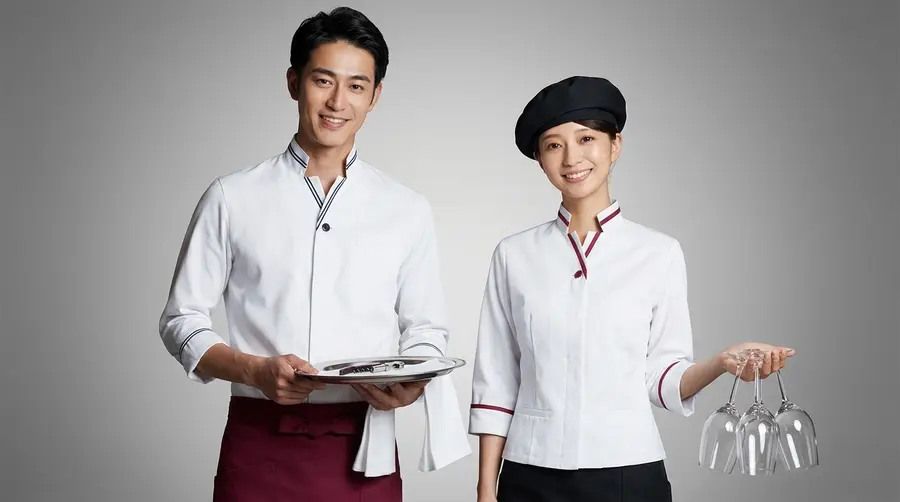 Tricolor Trim Bistro Uniform with Burgundy Apron