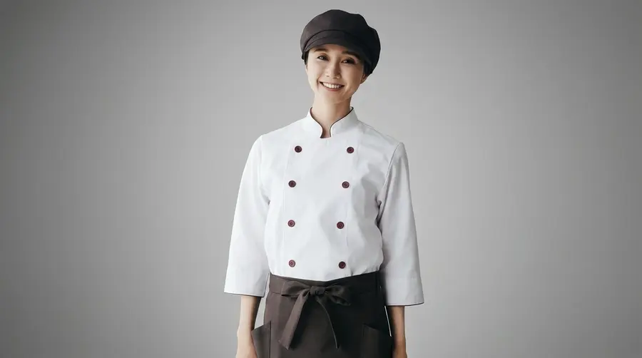 Warm Bistro Chef Uniform – White with Burgundy Buttons
