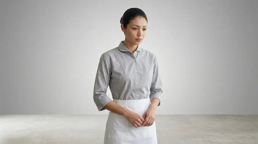 Elegant Grey Service Dress with White Half-Apron